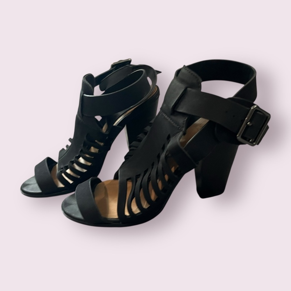 Black Strappy Block Heel Sandals Ankle Buckle Size | 6.5